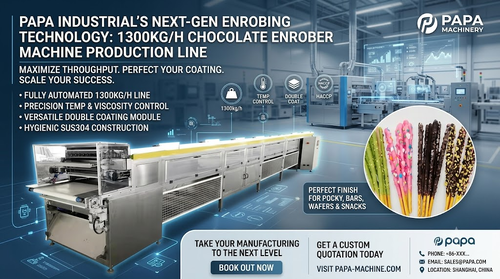 के बारे में नवीनतम कंपनी समाचार Papa Industrial Launches High-Capacity 1300kg/h Double Coating Chocolate Enrober Machine Line